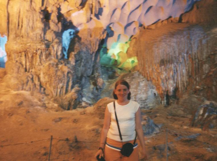 A tackily lit cave on the island.